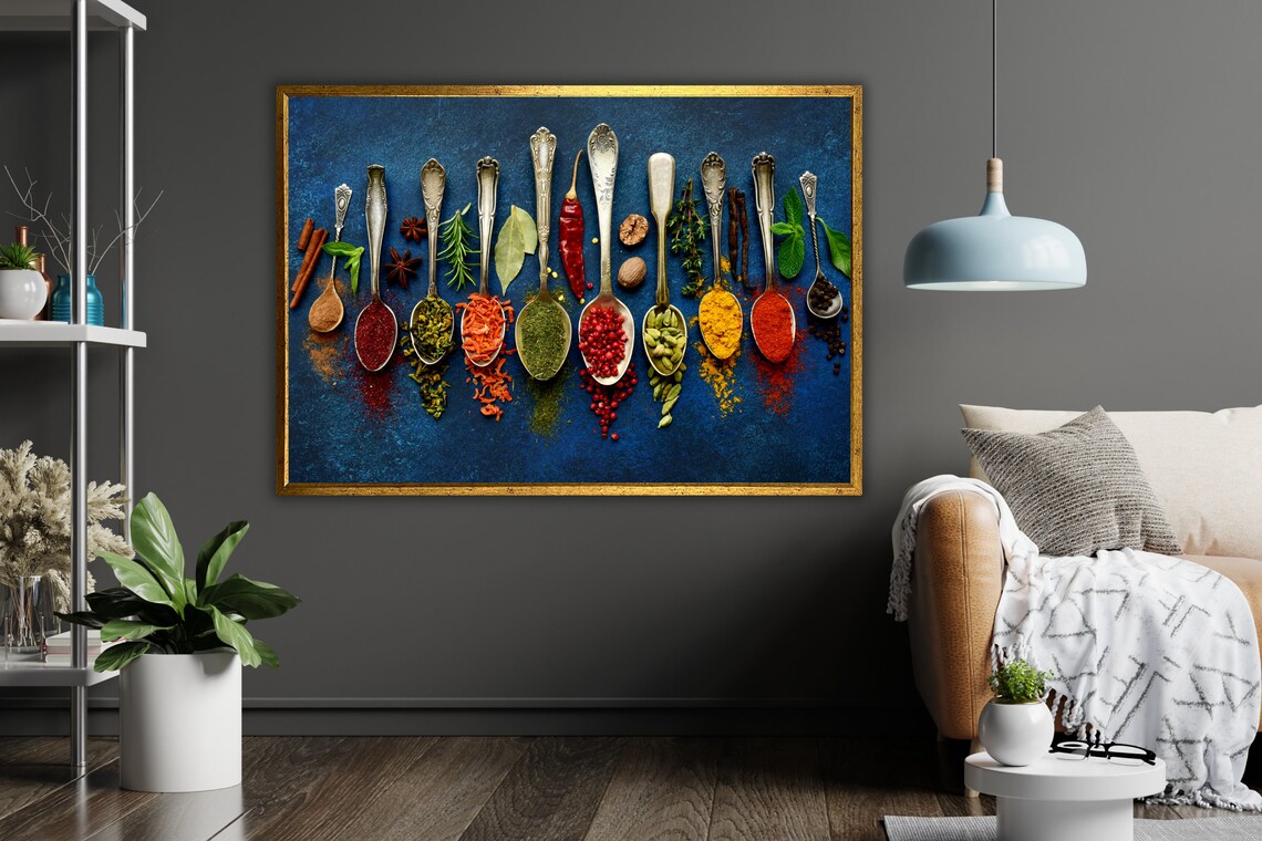 Colorful Spices In Spoons Dark Blue Kitchen Food Photography Poster - Image 4
