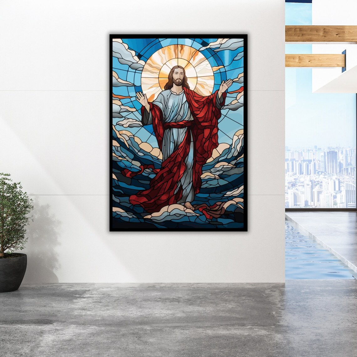 Jesus Christ Stained Glass Arms Open Red Robe Religious Art Poster - Image 2