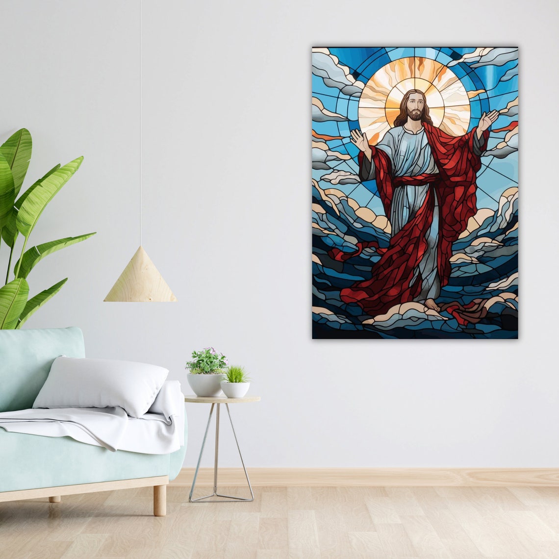 Jesus Christ Stained Glass Arms Open Red Robe Religious Art Poster - Image 4