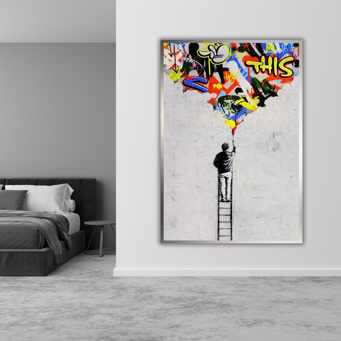 Man on Ladder Painting Graffiti Sky Banksy Style Urban Poster - Image 3