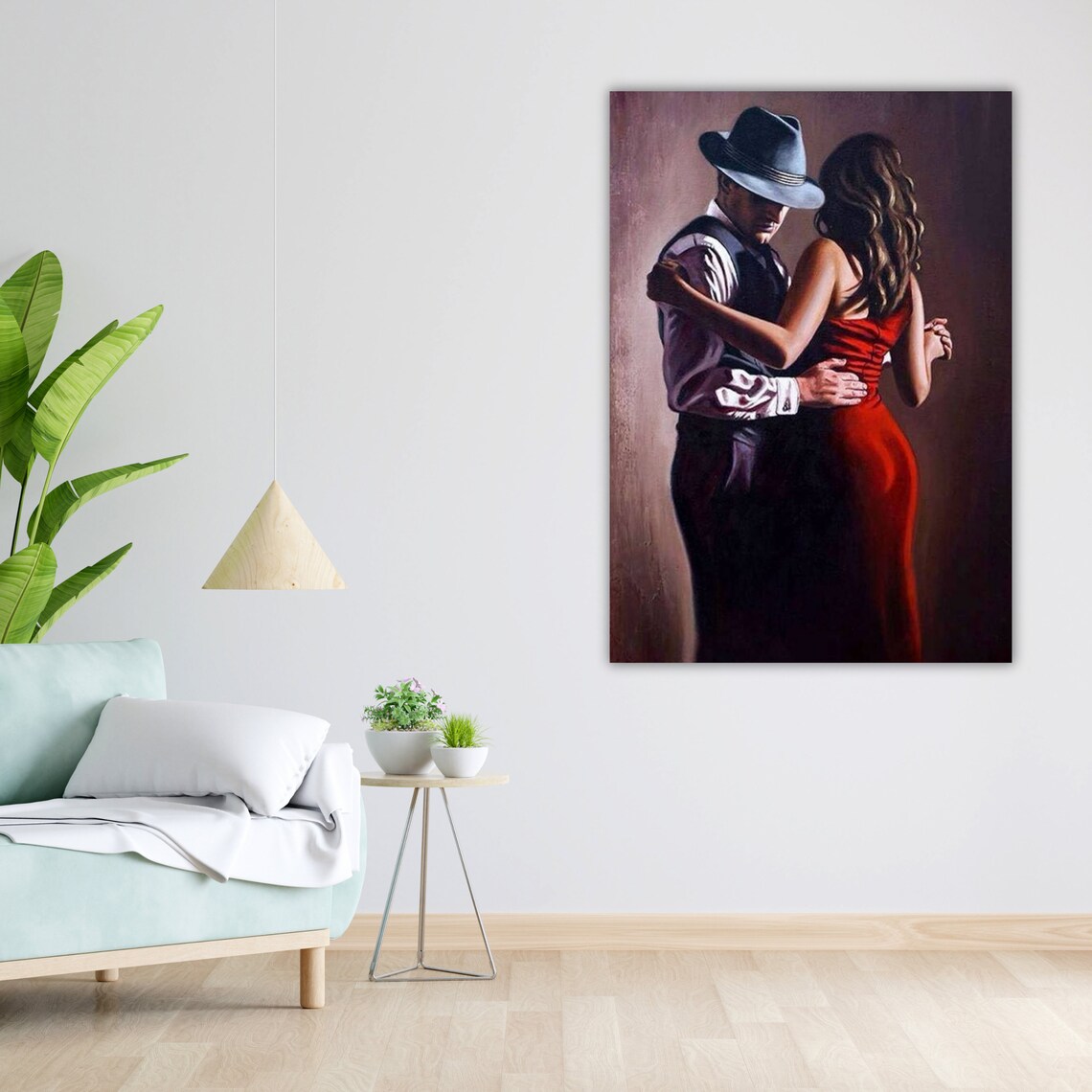 Romantic Dance Couple Fedora Red Dress Vintage Style Oil Art Poster - Image 4