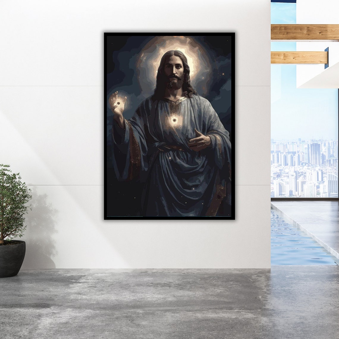 Jesus Glowing Sacred Heart Night Cosmic Blue Robe Art Print Poster - Image 2