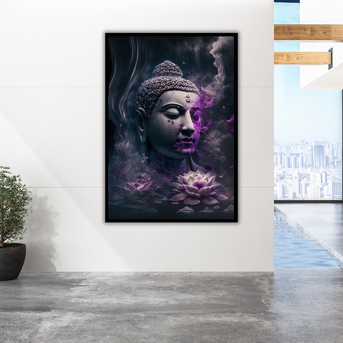 Dark Buddha Stone Head Purple Smoke Lotus Flowers Zen Art Poster - Image 2