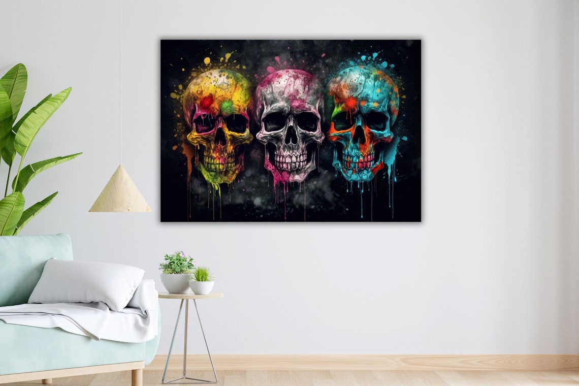 Three Colorful Graffiti Skulls Black Background Street Art Wall Poster