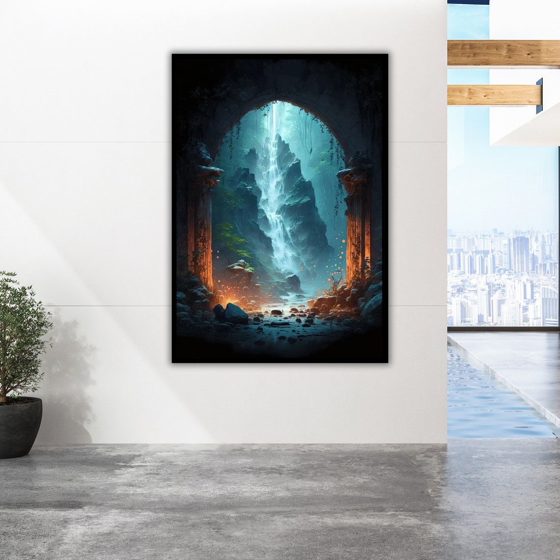 Ancient Stone Archway Waterfall Canyon Hidden Valley Fantasy Poster - Image 2