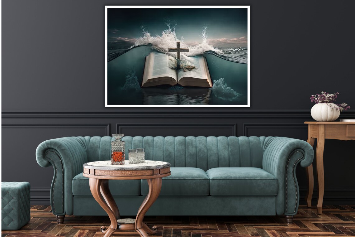 Open Bible With Wooden Cross Rising From Ocean Waves Christian Art Poster - Image 2