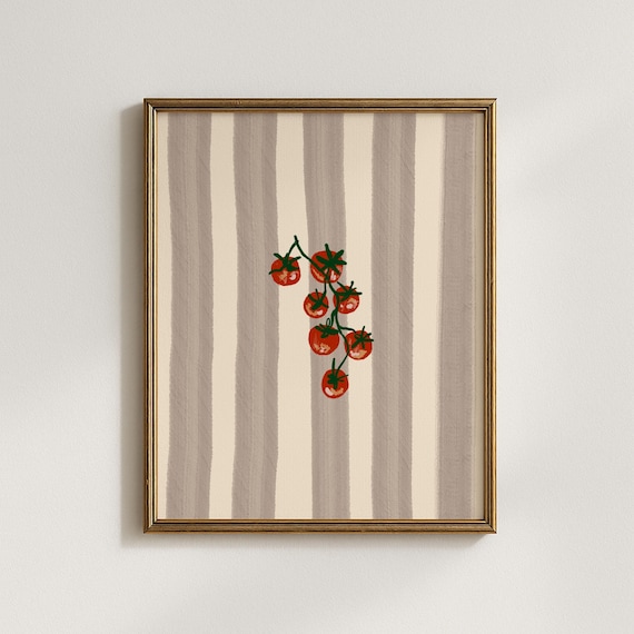 Cherry Tomatoes On Vine Striped Background Kitchen Art Poster