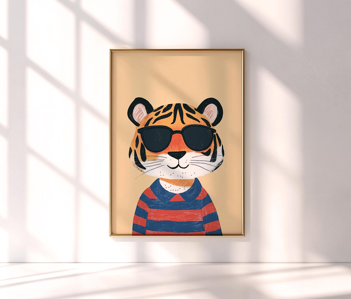 Tiger With Sunglasses Striped Sweater Beige Kids Room Poster