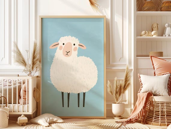 Cute Sheep Farm Animal Wall Art Gender Neutral Print Baby Lamb Poster Minimalist Nursery Theme Decor Kids