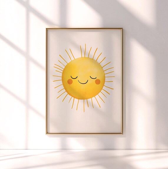 Smiling Sun Watercolor Nursery Print With Rosy Cheeks And Bright Rays