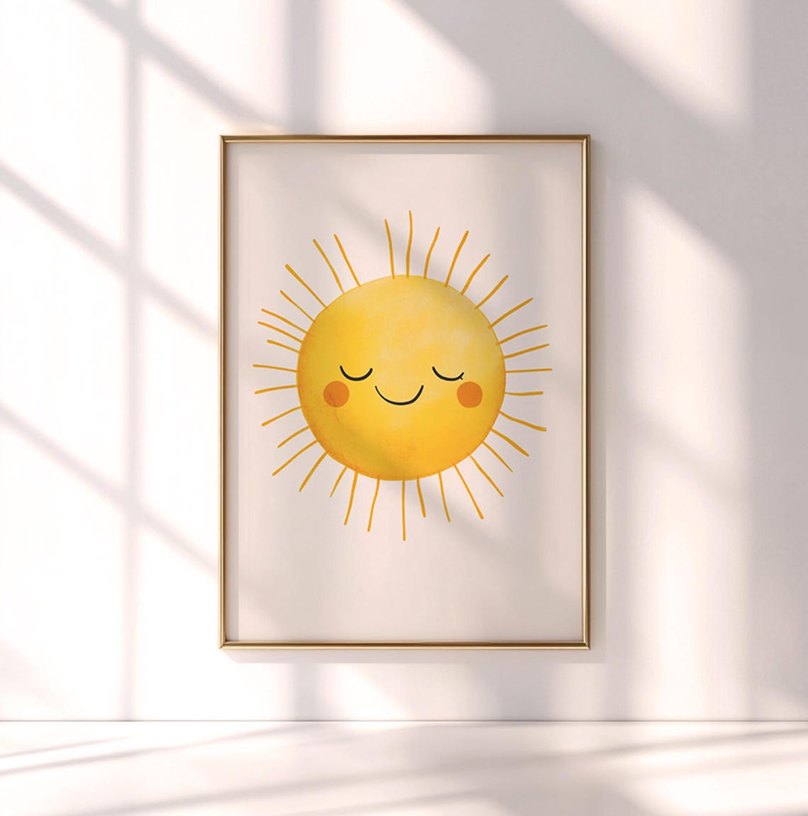 Smiling Sun Watercolor Nursery Print With Rosy Cheeks And Bright Rays