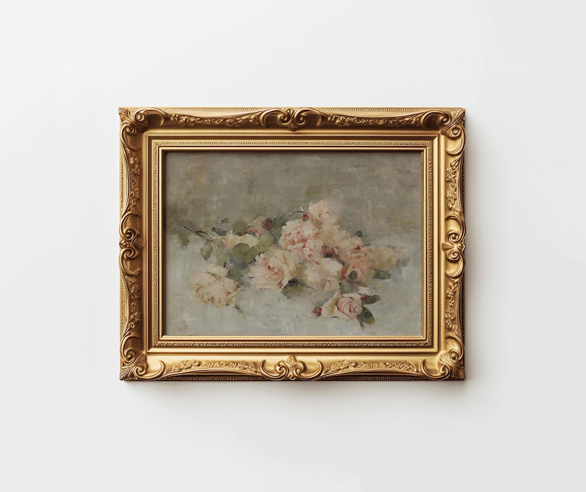 Vintage Blush Rose Bouquet Romantic Oil Painting Floral Poster