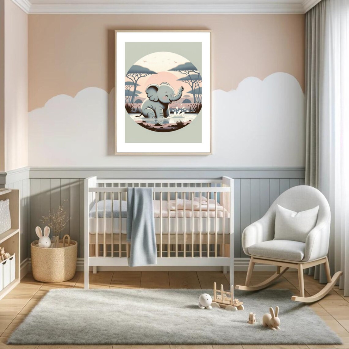 Baby Elephant Splashing Waterhole Safari Circle Acacia Nursery Print - Image 4