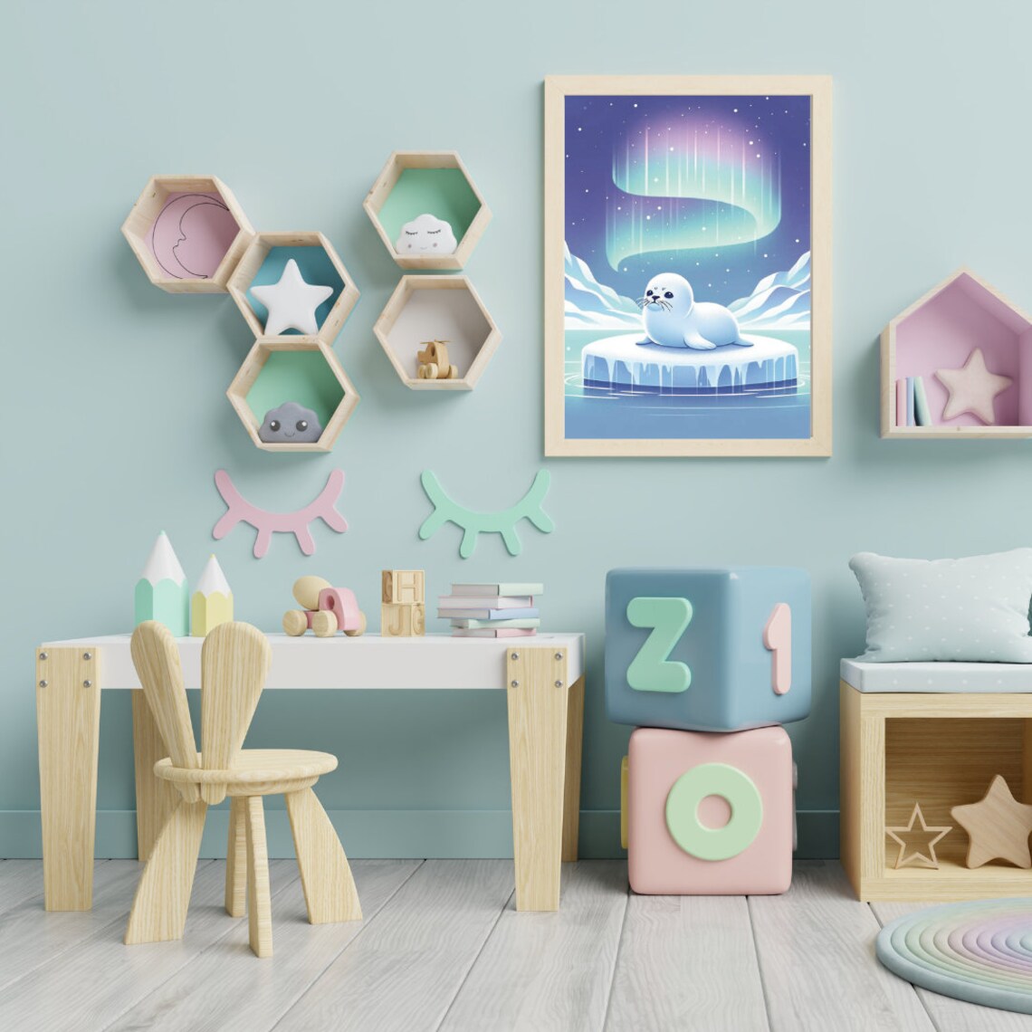 Baby Seal Aurora Northern Lights Arctic Ice Floe Night Kids Wall Art