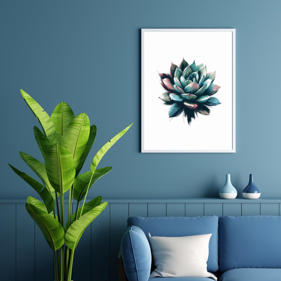 Blue Green Echeveria Succulent Bold Brushstroke Watercolor Poster - Image 3