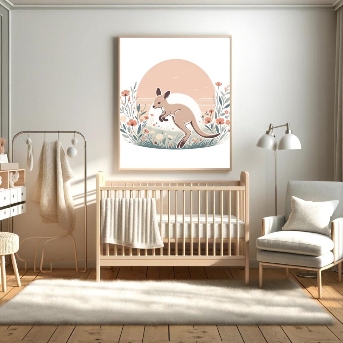 Kangaroo Joey Sunrise Wildflowers Pastel Nursery Illustration Wall Art - Image 4