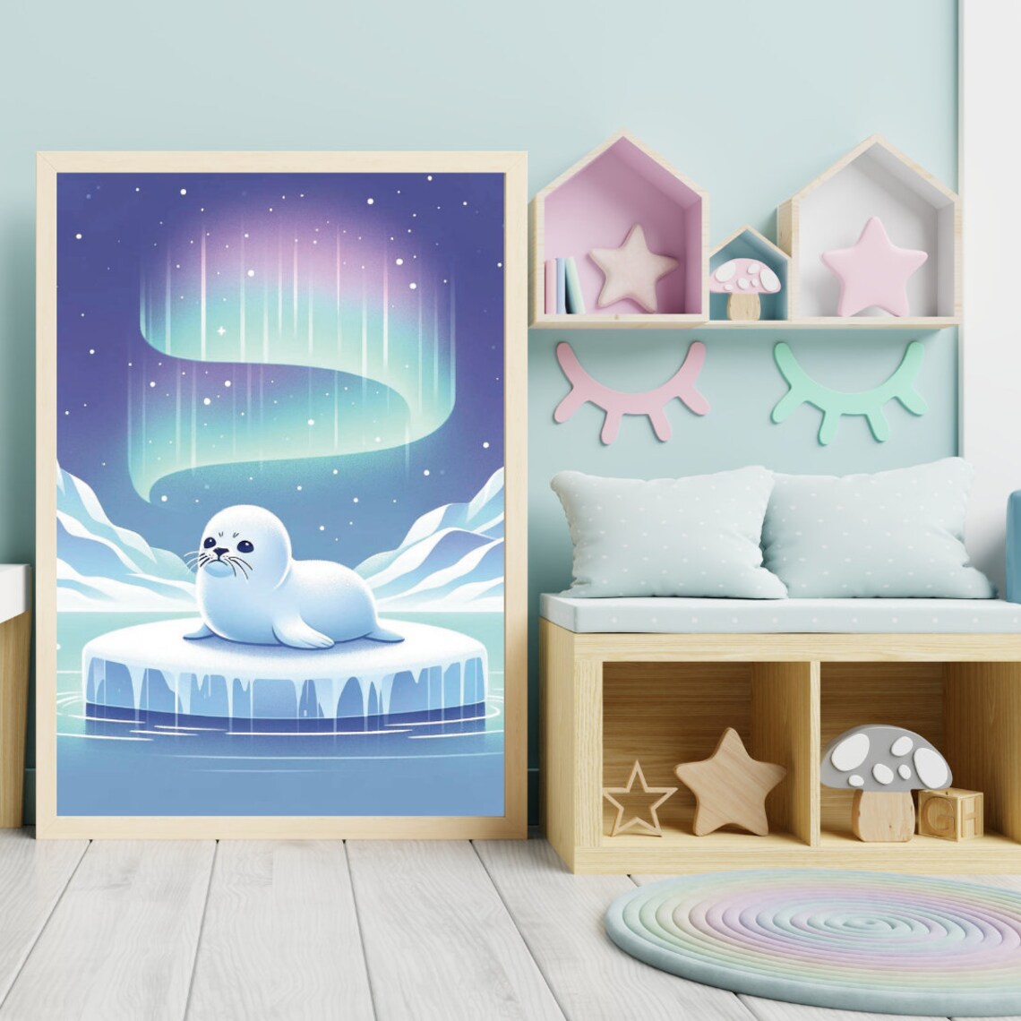 Baby Seal Aurora Northern Lights Arctic Ice Floe Night Kids Wall Art - Image 2