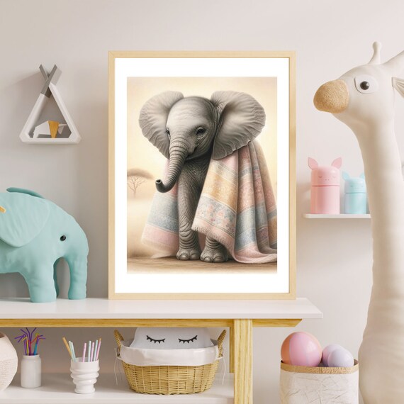 Baby Elephant Wrapped In Pastel Blanket Savanna Nursery Poster