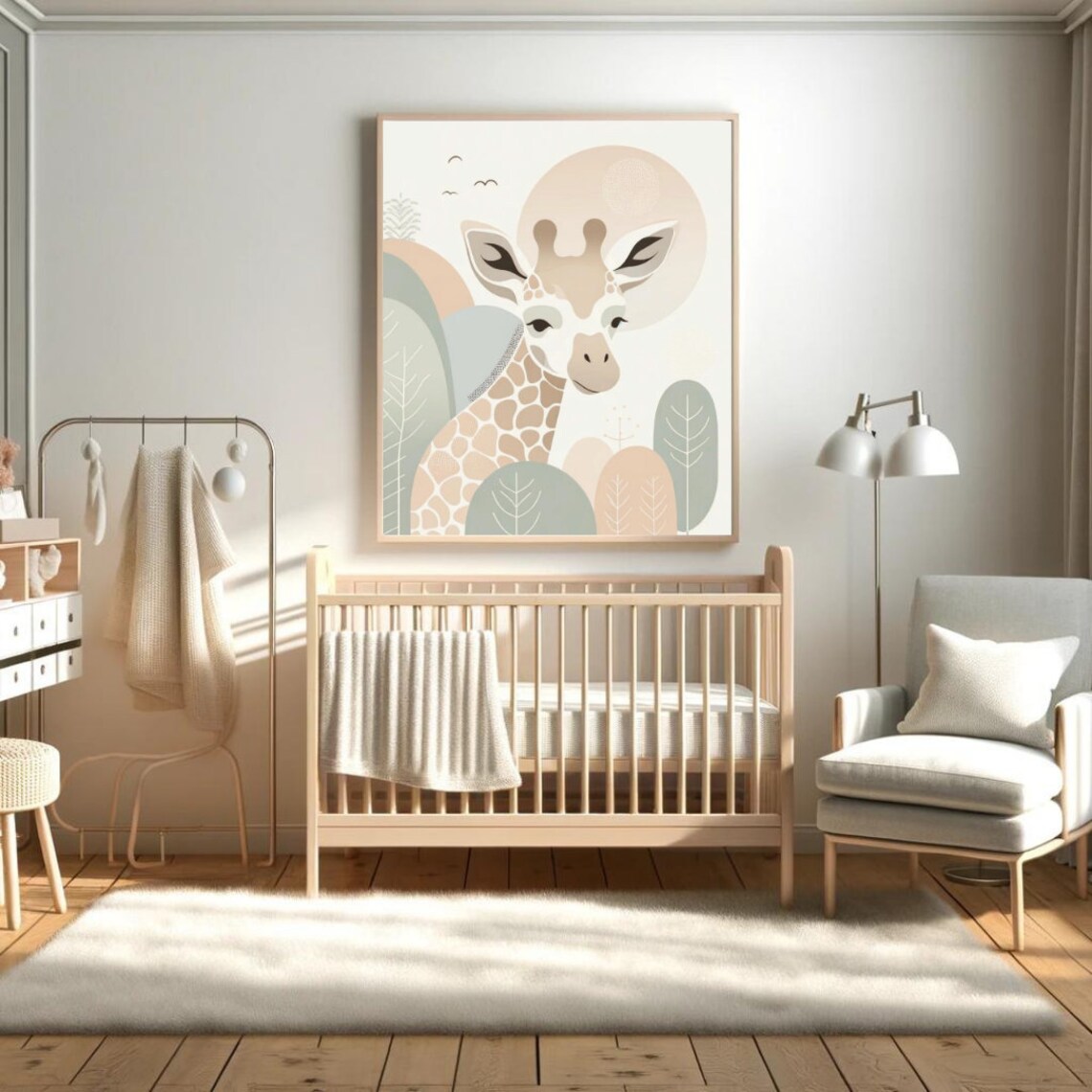 Baby Giraffe Safari Circle Soft Neutral Tones Nursery Illustration Print - Image 4