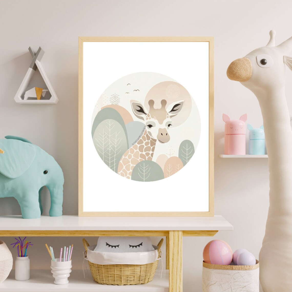 Baby Giraffe Safari Circle Soft Neutral Tones Nursery Illustration Print