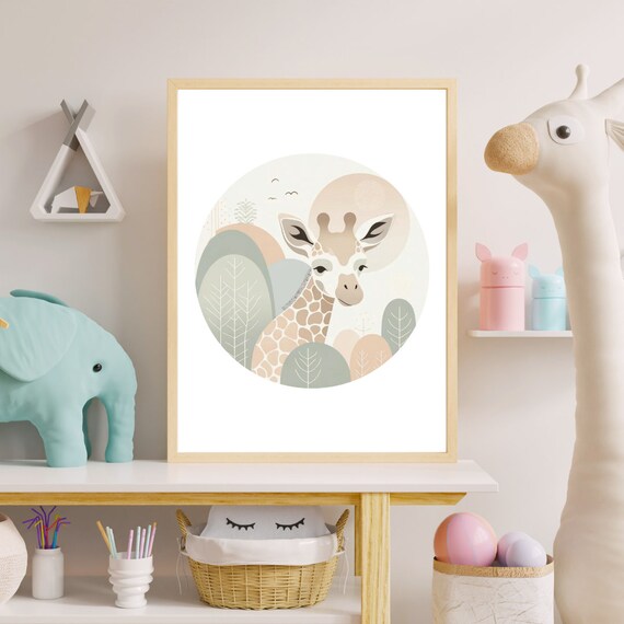 Baby Giraffe Safari Circle Soft Neutral Tones Nursery Illustration Print
