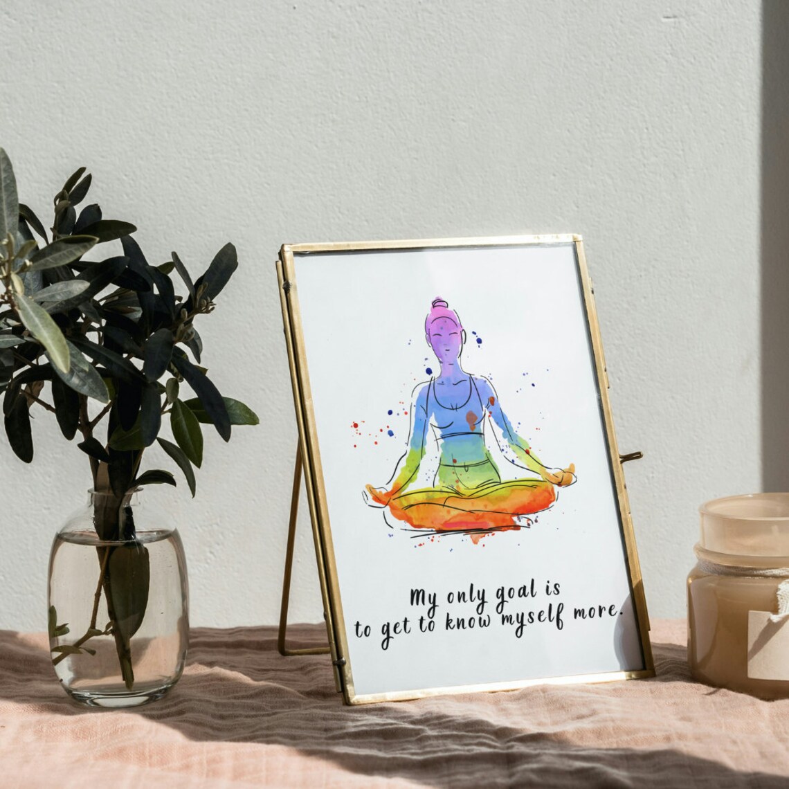 Rainbow Watercolor Meditating Woman Mindfulness Quote Inspirational Poster - Image 2