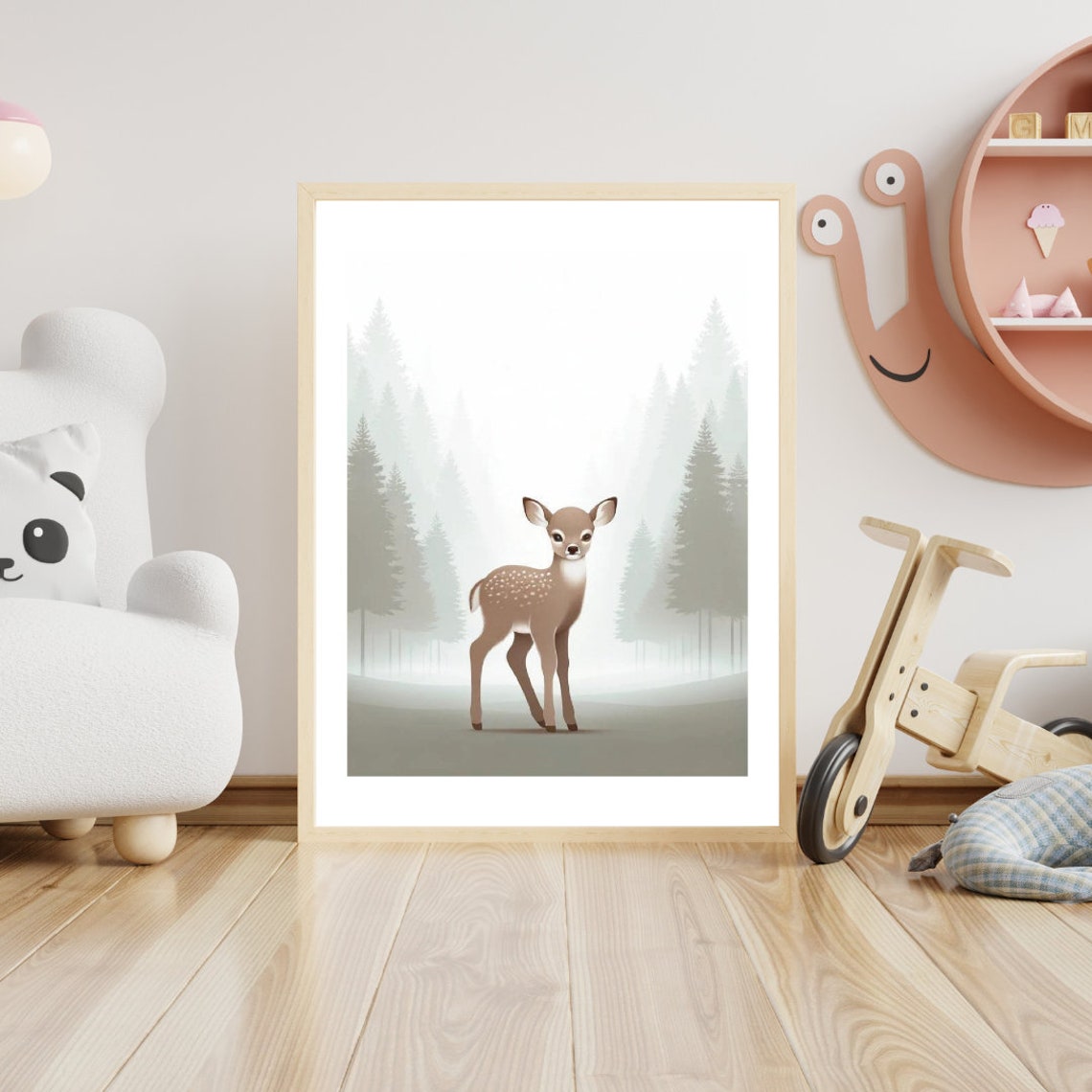 Misty Forest Fawn Baby Deer Illustration Soft Neutral Nursery Poster - Image 2