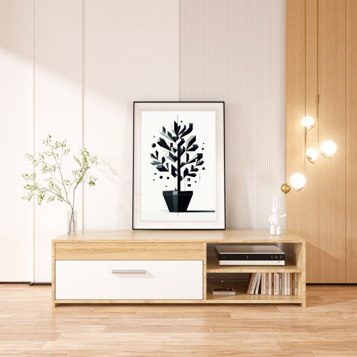 Monochrome Geometric Potted Tree Art Sleek Black And White Abstract Decor Minimalist Tree Design Print For Modern Spaces - Image 3