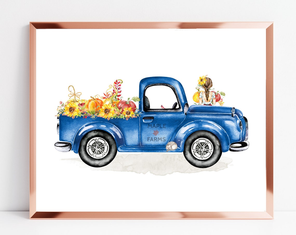 Vintage Blue Farm Truck Sunflowers Maple Farms Fall Harvest Print - Image 3