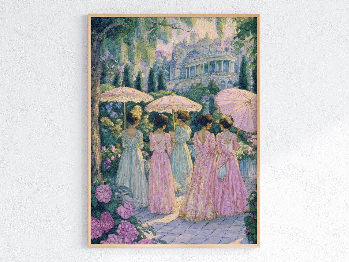 Romantic Garden Party Victorian Art Print, Women With Parasols