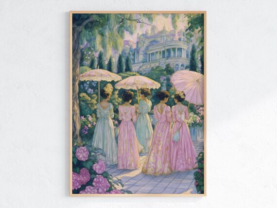 Romantic Garden Party Victorian Art Print, Women With Parasols