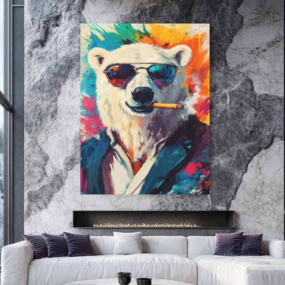 Cool Polar Bear Wall Art Modern Animal Canvas Colorful Graffiti Artwork Trendy Hipster Decor Abstract Painting Unique Gift