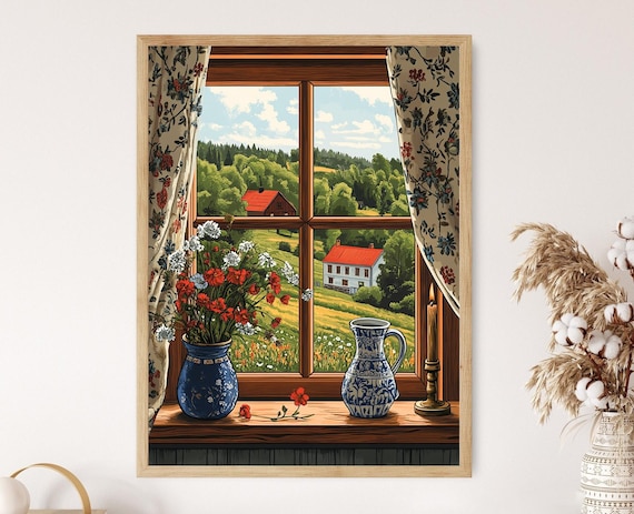 Swedish Cottage Window Illustration Hallandssm Embroidered Curtain Nordic Folk Home