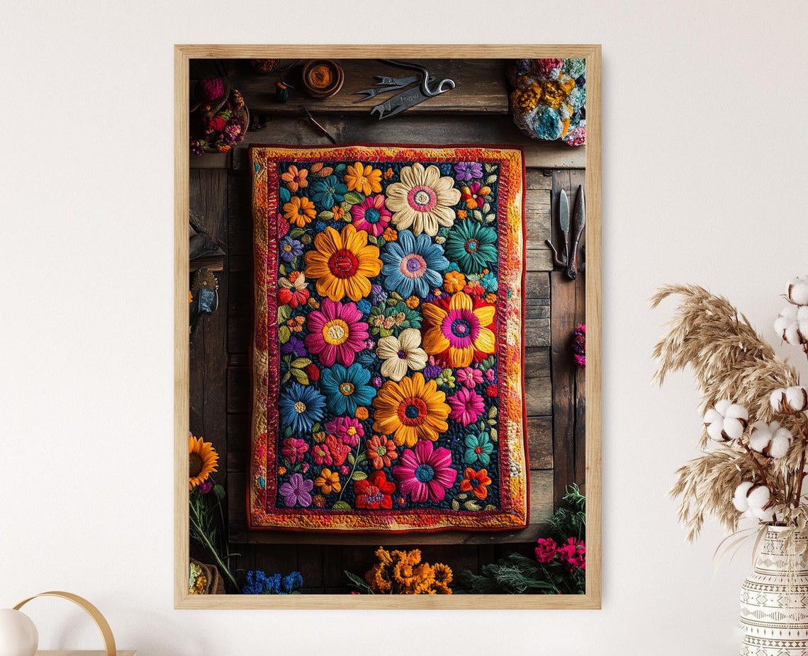 Indian Kantha Quilt Art Print Floral And Geometric Embroidery Poster Traditional Textile Decor