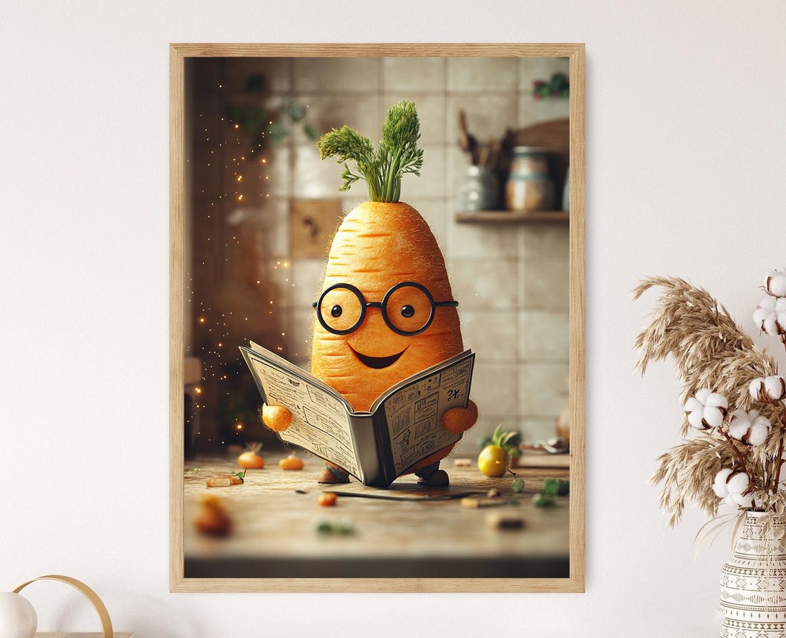 Smart Carrot Illustration Funny Reading Veggie Kitchen Art
