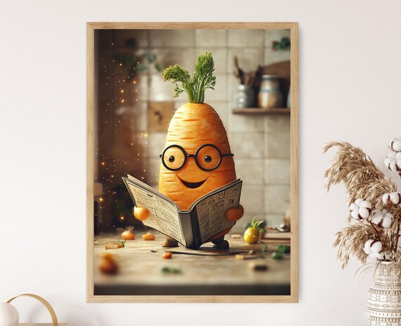 Smart Carrot Illustration Funny Reading Veggie Kitchen Art