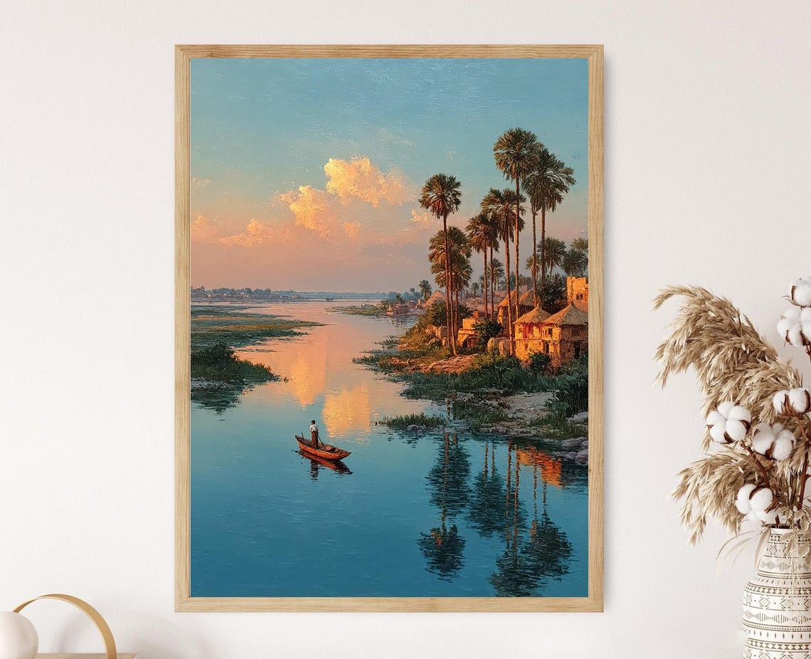 Fisherman on the Indus River at Sunset Palms Painting Poster