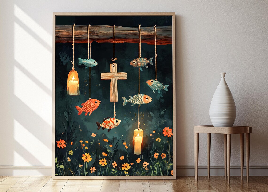 Wooden Cross with Hanging Fish Ornaments and Glowing Candles Poster