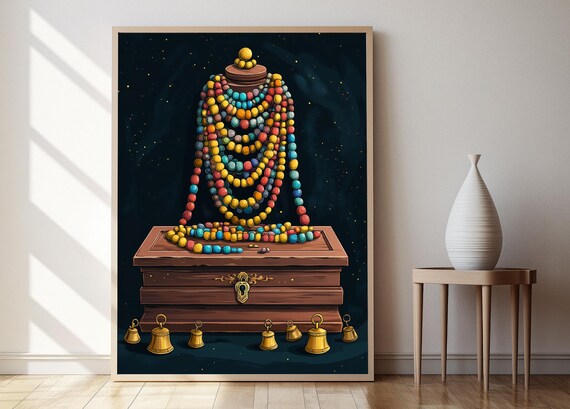 Strands of Colorful Prayer Beads Draped over a Wooden Chest Poster