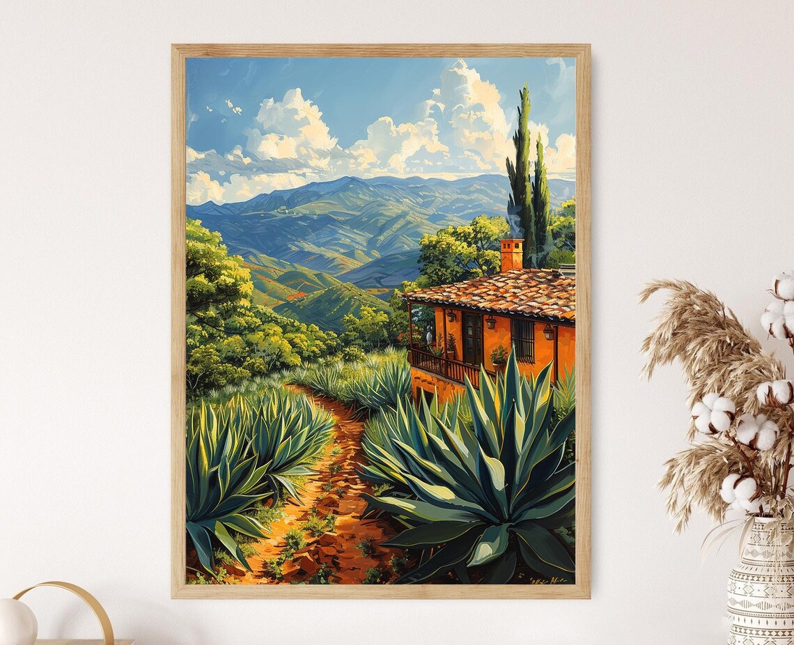 Adobe House Among Giant Agave Plants With Rolling Mountains Poster