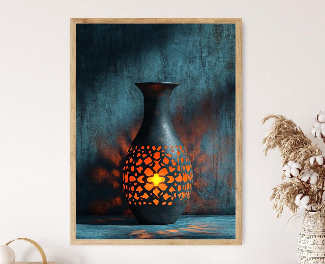 Pierced Lantern Vase Glowing Orange On Teal Moody Still Life Poster