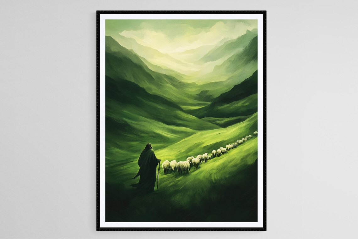 Shepherd Leading His Sheep Through Green Hills Psalm 23 Poster