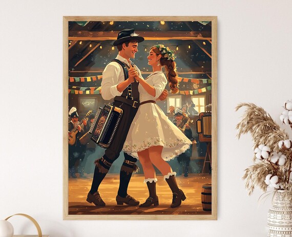 Bavarian Schuhplattler Dance Couple with Accordion Players in a Rustic Hall Poster