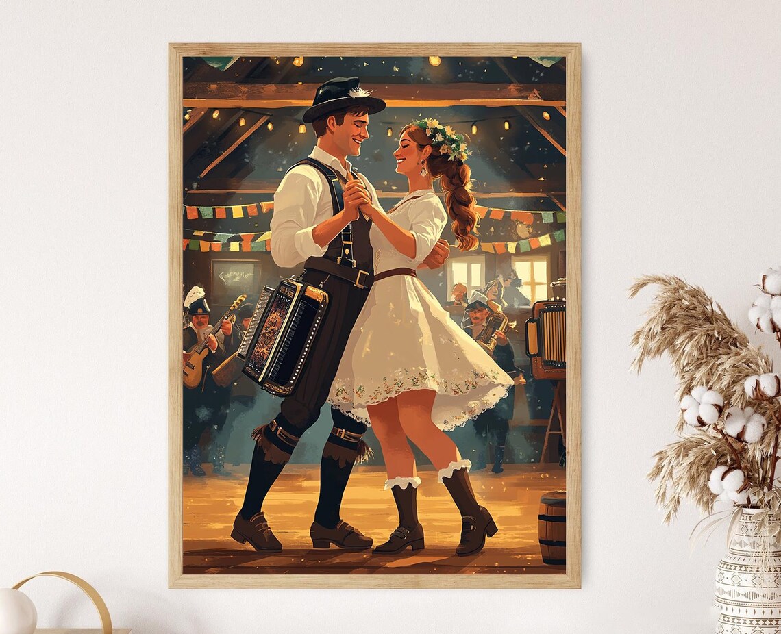 Bavarian Schuhplattler Dance Couple with Accordion Players in a Rustic Hall Poster