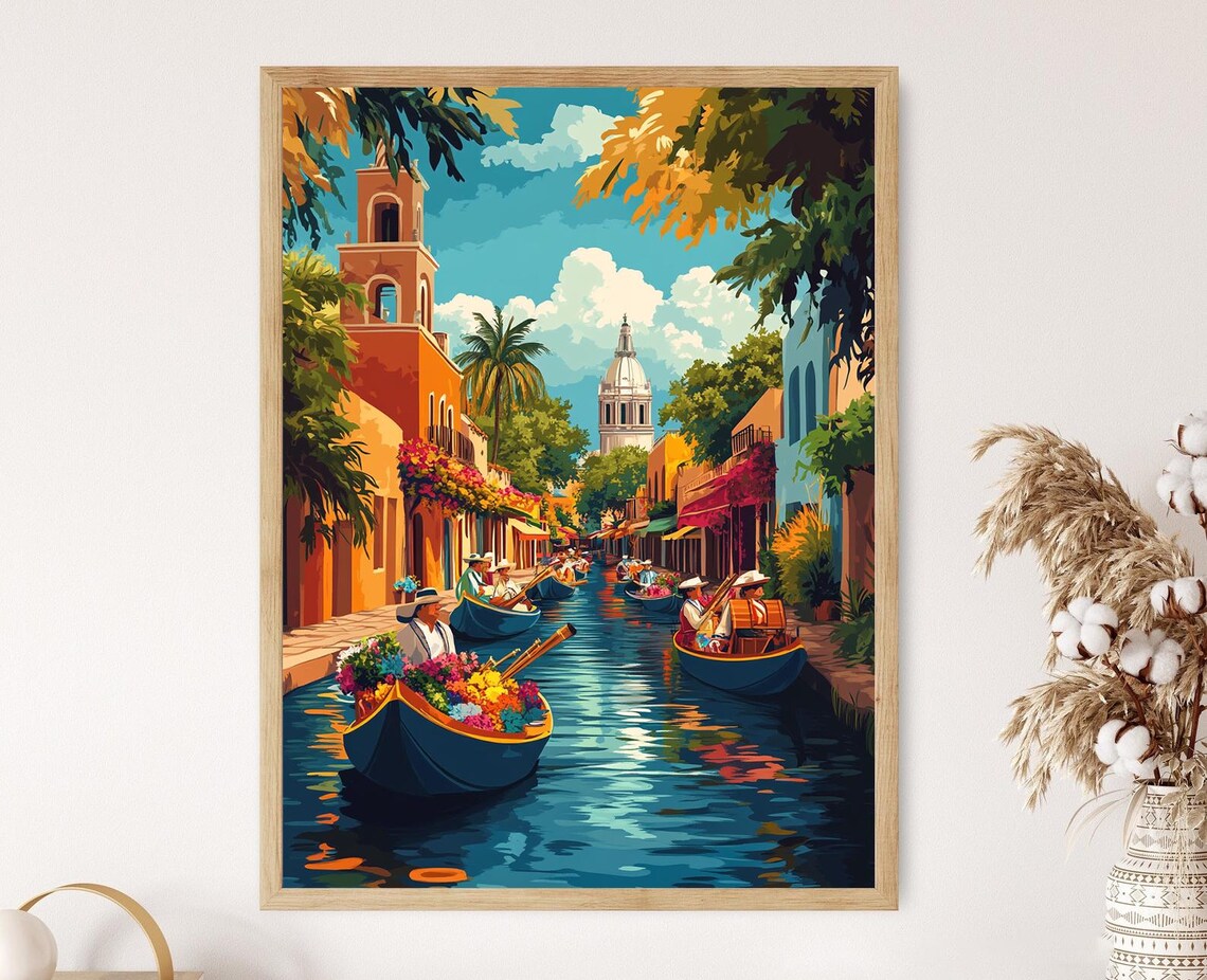Xochimilco Floating Market, Traditional Mexican Illustration