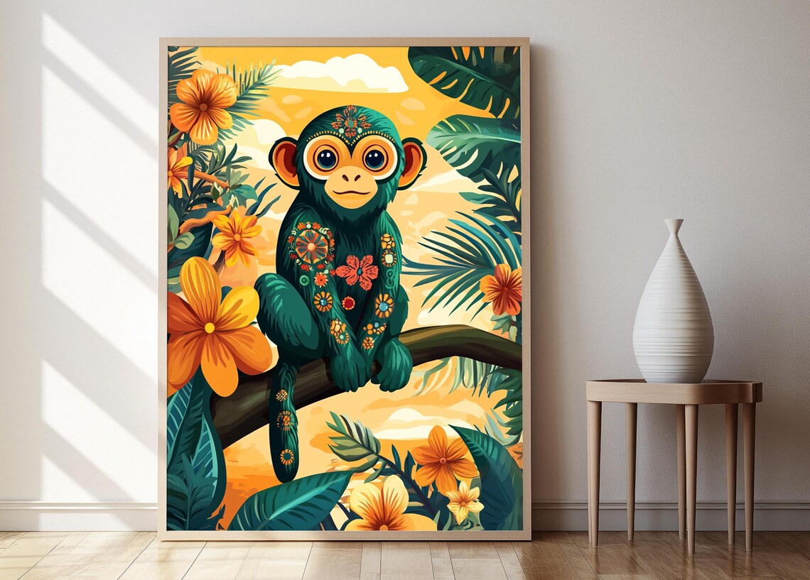 Green Monkey Sitting on Branch Poster With Floral Body Art at Golden Sunset