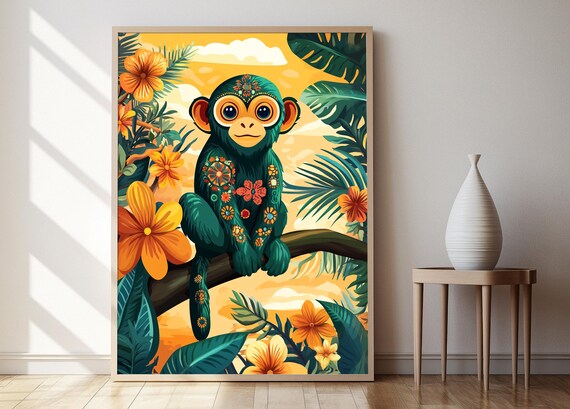 Green Monkey Sitting on Branch Poster With Floral Body Art at Golden Sunset