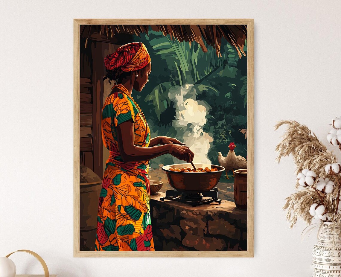 Cameroonian Woman Cooking Ndol Art Print Traditional African Kitchen Cultural Heritage Decor