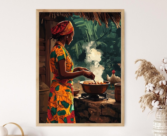 Cameroonian Woman Cooking Ndol Art Print Traditional African Kitchen Cultural Heritage Decor