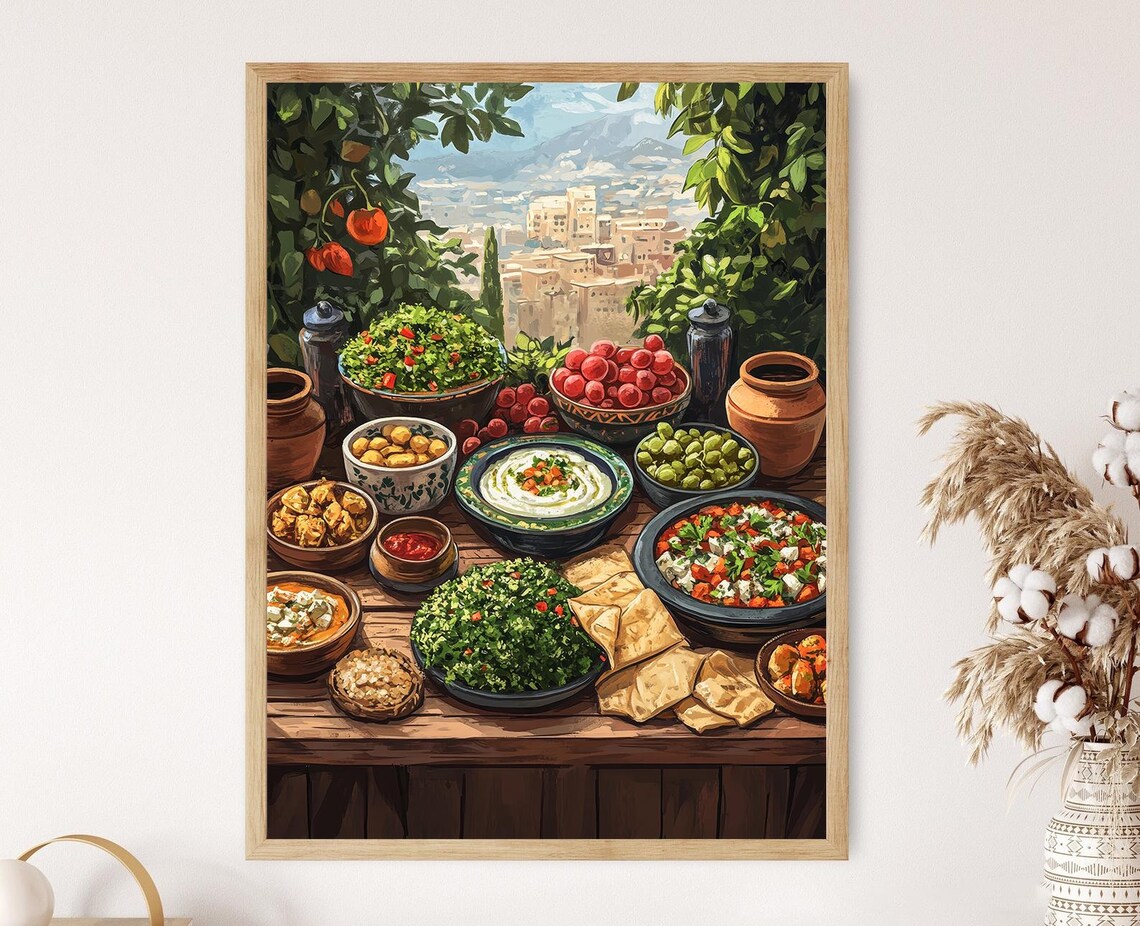 Lebanese Mezze Table Art Print, Traditional Cuisine